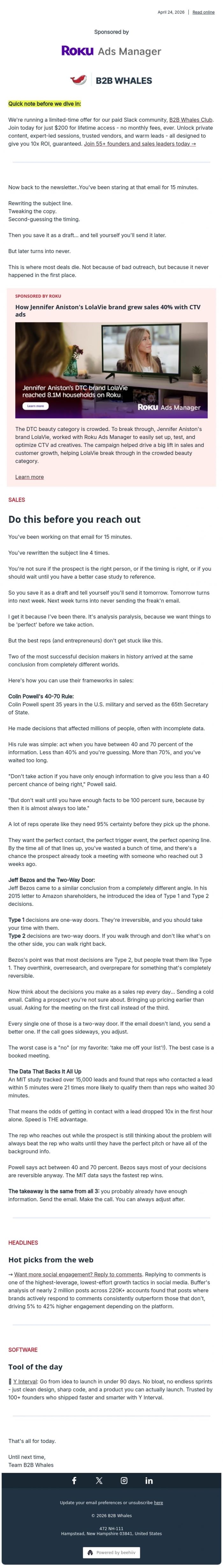 Email Design Inspiration from B2B Whales, Why waiting kills more deals than bad outreach