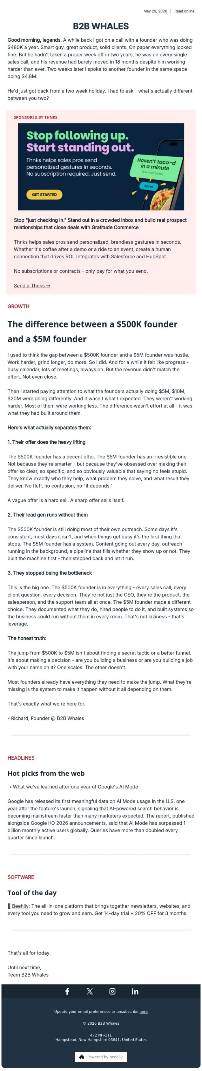 Email Design Inspiration from B2B Whales, The difference between a $500K founder and a $5M founder
