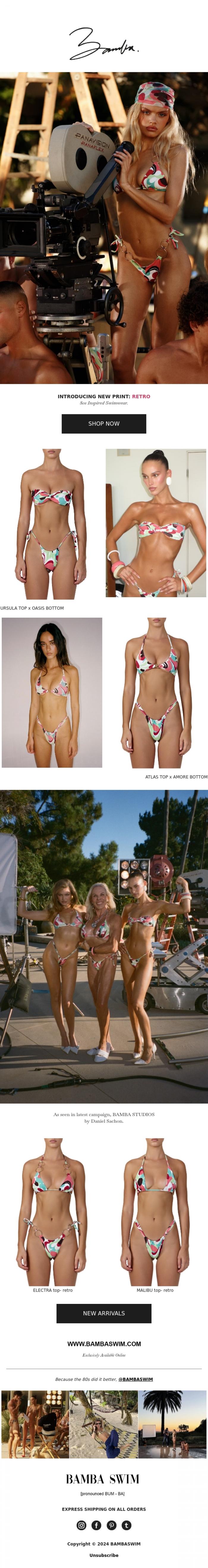 Email Design Inspiration from BAMBA SWIM, NEW PRINT : RETRO 🩷💚💜