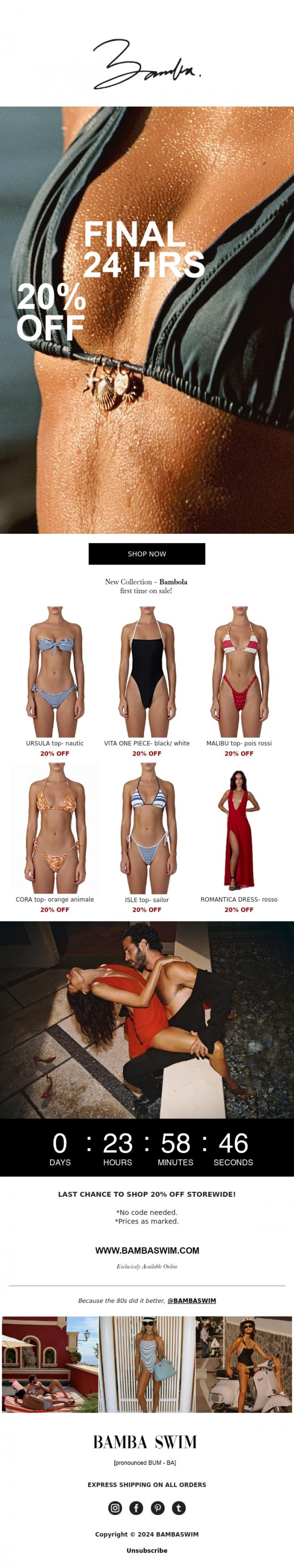 Email Design Inspiration from BAMBA SWIM, 20% OFF FINAL 24 HRS.