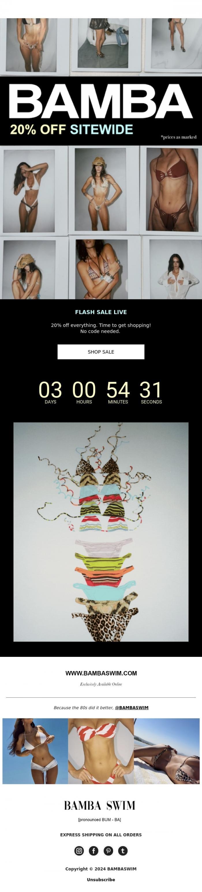 Email Design Inspiration from BAMBA SWIM, 20% OFF FLASH SALE.