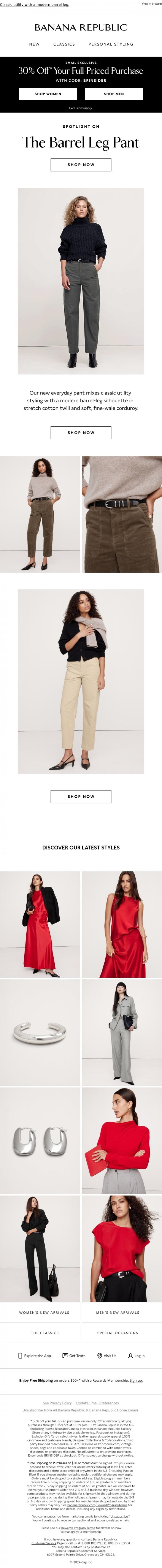 Email Design Inspiration from Banana Republic, Open for 30% off new arrivals & loved favorites