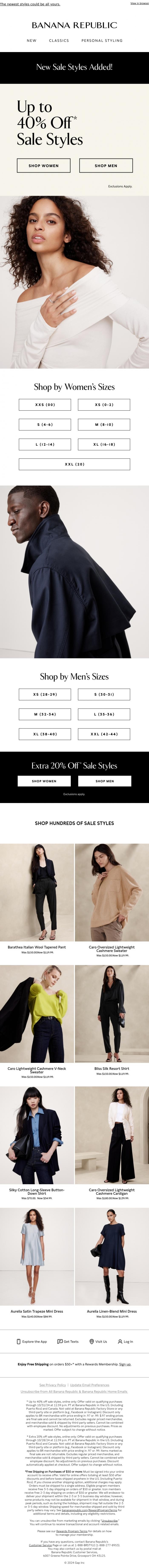 Email Design Inspiration from Banana Republic, Up to 40% off sale styles, plus an extra 20% off