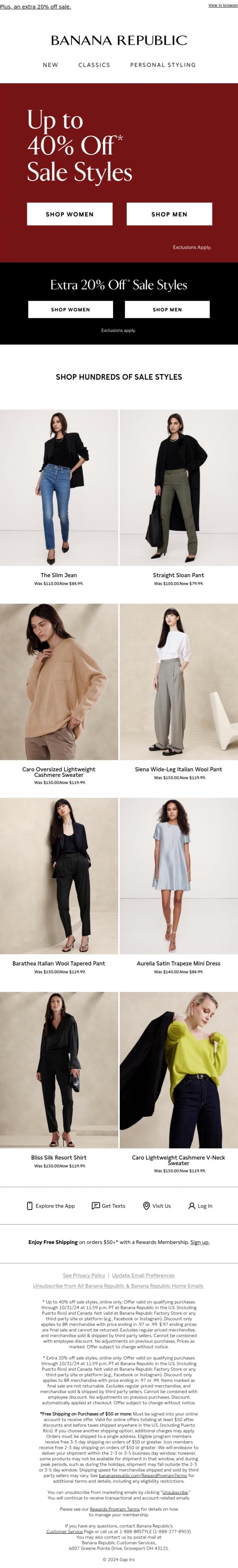 Email Design Inspiration from Banana Republic, Up to 40% off sale, for you