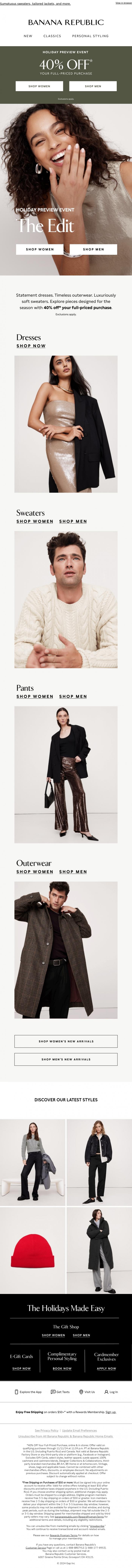Email Design Inspiration from Banana Republic, Gift something unforgettable with 40% off