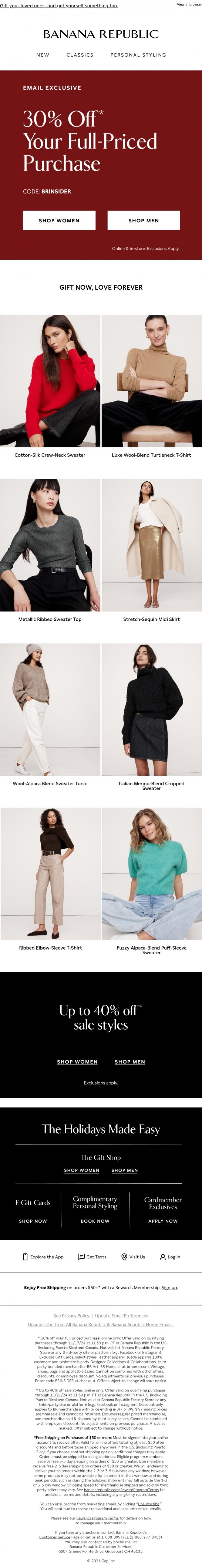 Email Design Inspiration from Banana Republic, Get into gifting with 30% off our newest arrivals