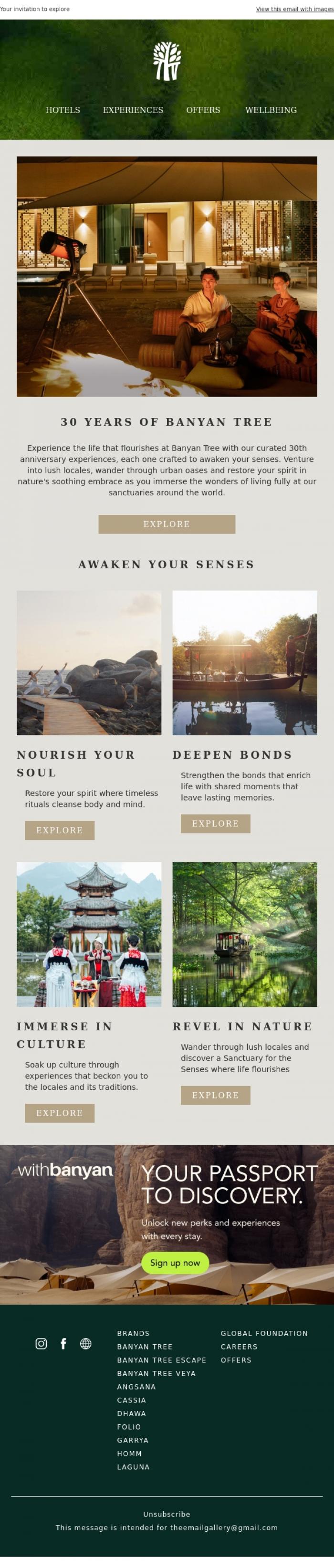 Email Design Inspiration from Banyan Group, 30 years with Banyan Tree: Explore anniversary experiences