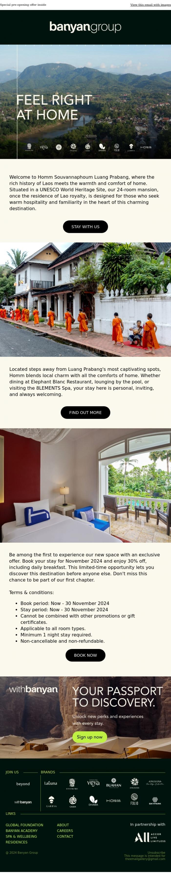 Email Design Inspiration from Banyan Group, Your new Homm stay awaits in Laos