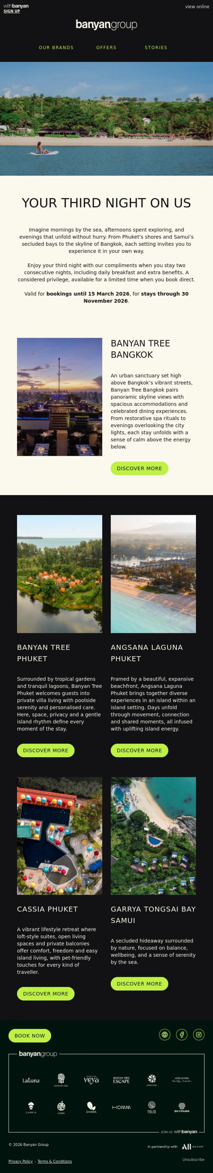 Email Design Inspiration from Banyan Group, Your Third Night On Us