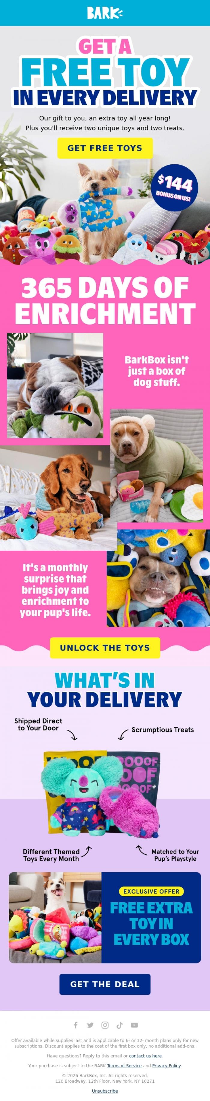 Email Design Inspiration from BARK, Your dog is eligible for free toys 🛎️