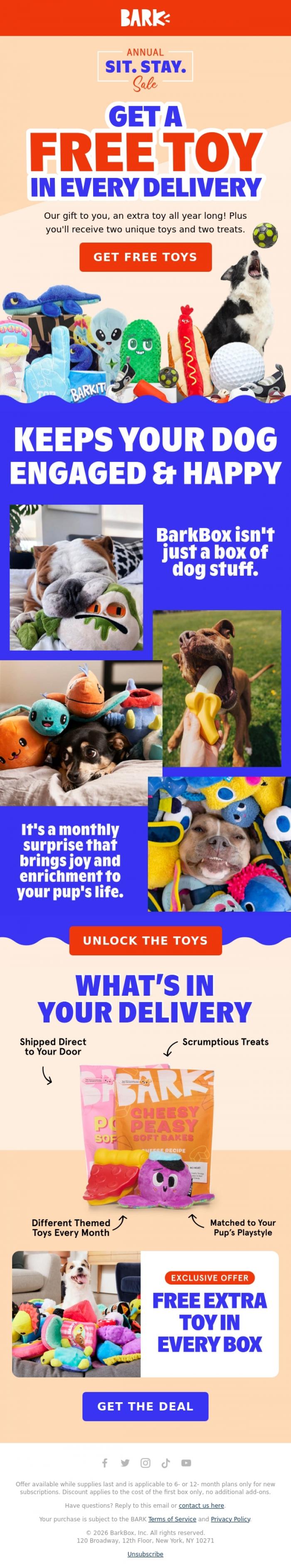 Email Design Inspiration from BARK, Surprise Perk, Free extra toys all year
