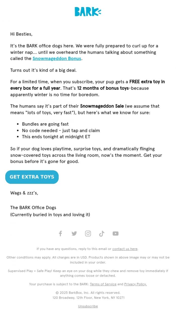 Email Design Inspiration from BARK, Your Snowmageddon Surprise Inside