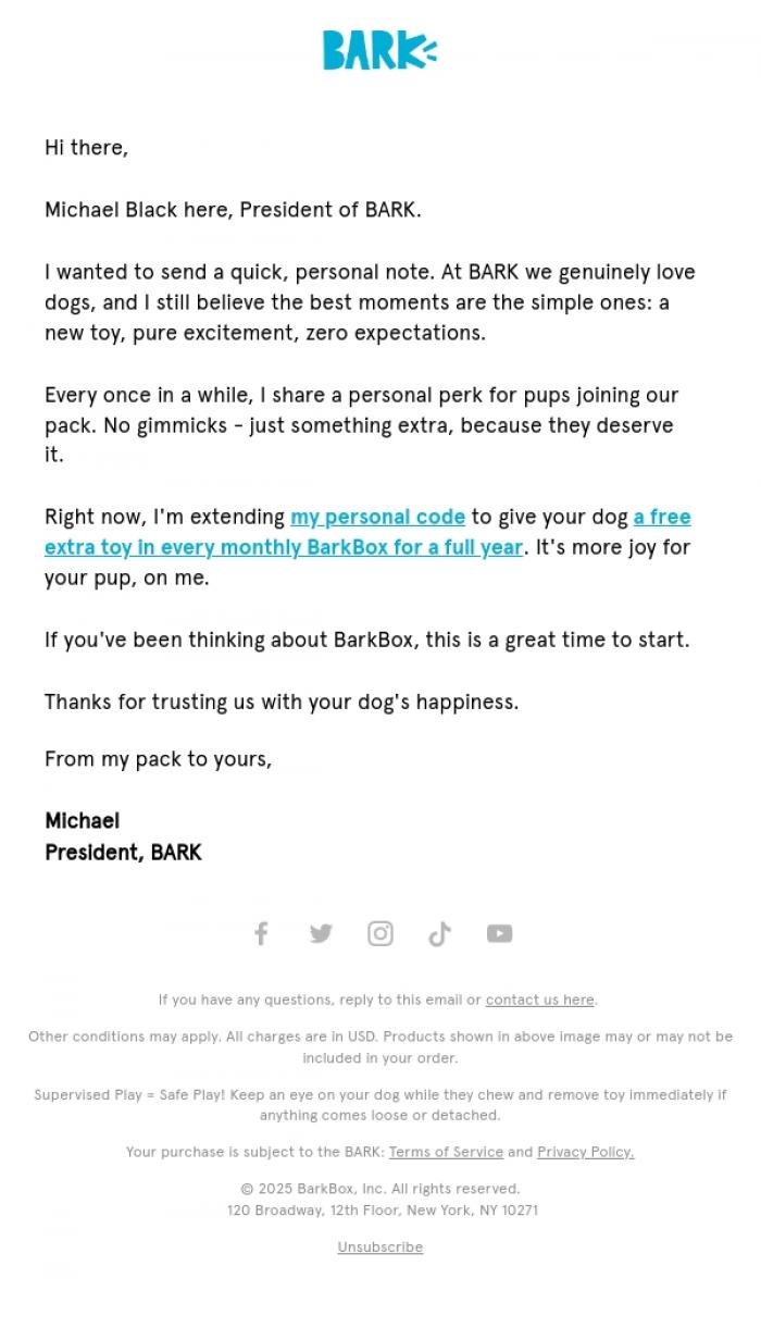 Email Design Inspiration from BARK, A personal note from our President