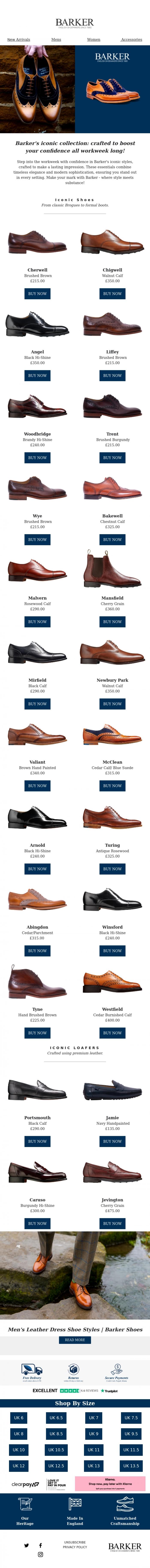 Email Design Inspiration from Barker shoes, Make your mark with Barker's iconic styles - the ultimate workweek essentials!
