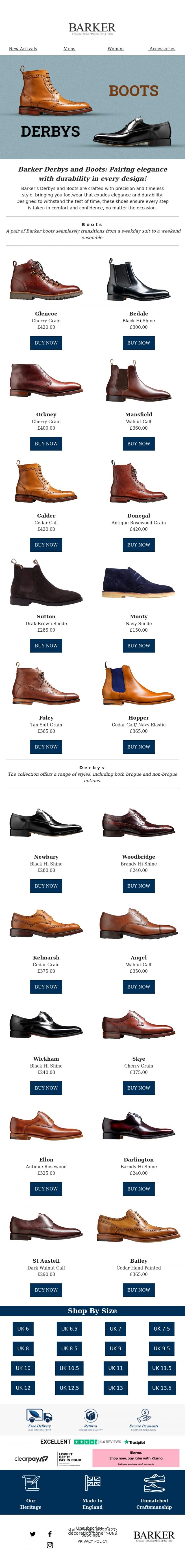 Email Design Inspiration from Barker shoes, Barker's Derbys and Boots - craftsmanship that stands the test of time!