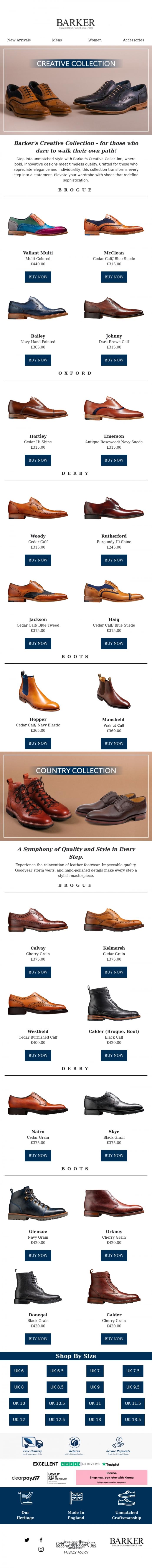 Email Design Inspiration from Barker shoes, Bold designs, timeless quality - Barker's Creative Collection redefines elegance!