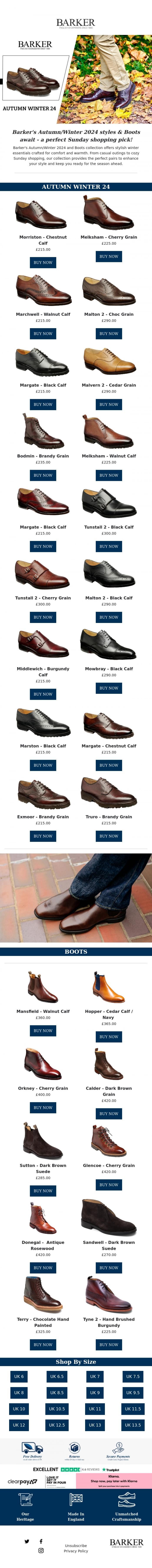 Email Design Inspiration from Barker shoes, Barker's Autumn/Winter 2024 styles & Boots await - a perfect Sunday shopping pick!