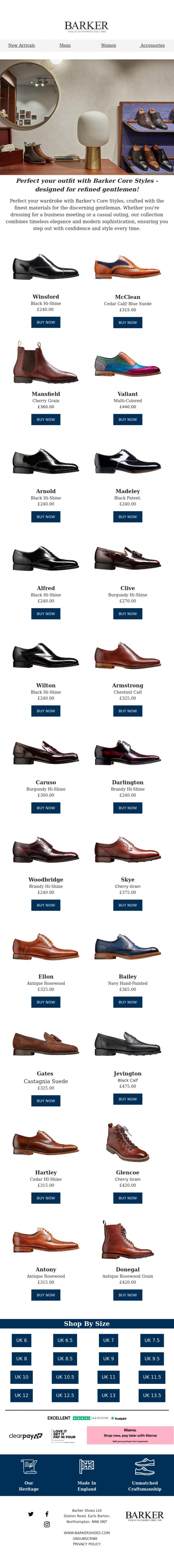 Email Design Inspiration from Barker shoes, Perfect your outfit with Barker Core Styles - designed for refined gentlemen!