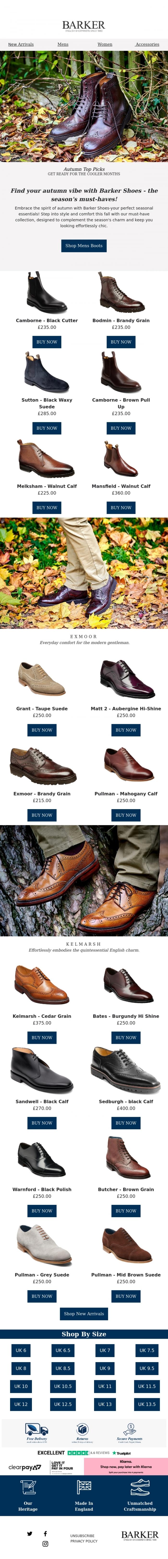 Email Design Inspiration from Barker shoes, Autumn Essentials are here -Your Autumn Wardrobe Isn't Complete Without Barker Shoes!