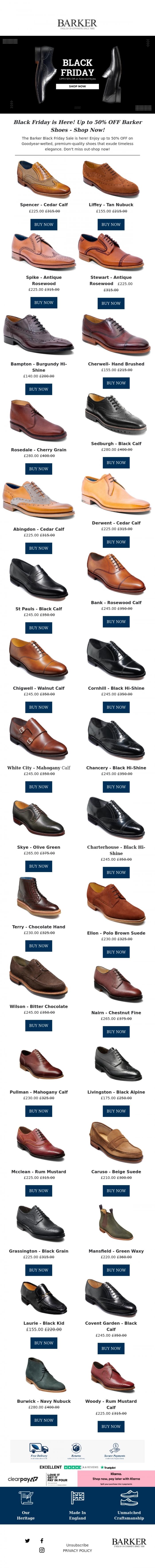 Email Design Inspiration from Barker shoes, Barker Black Friday Sale is Live - Enjoy Unbeatable Discounts Up to 50% OFF, Limited Time Only!