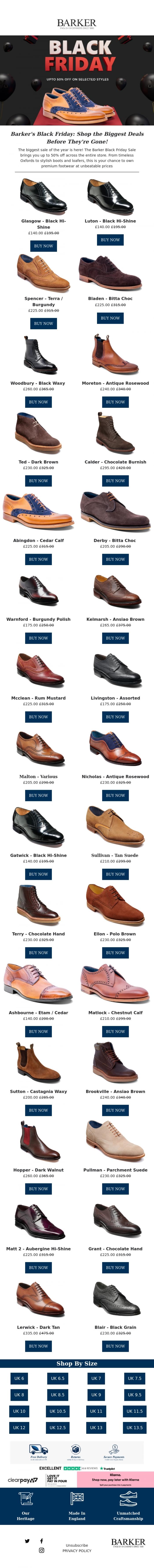 Email Design Inspiration from Barker shoes, Barker's Biggest Sale of the Year: Black Friday with Up to 50% Off - Limited Stock, Shop Now!