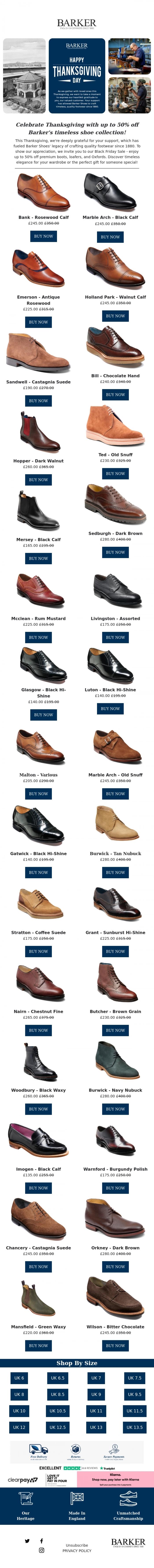 Email Design Inspiration from Barker shoes, Happy Thanksgiving! Celebrate with Up to 50% Off Our Black Friday Sale!