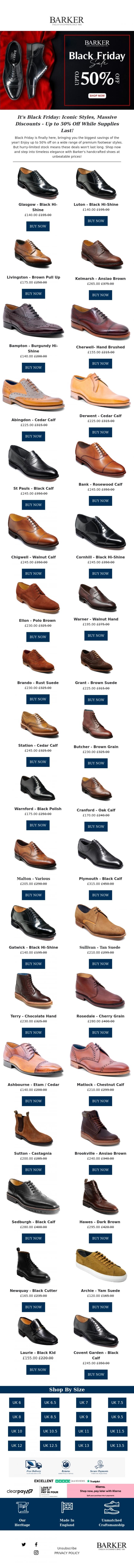 Email Design Inspiration from Barker shoes, Black Friday is Here: Biggest Savings of the Year with Up to 50% Off, Limited Stock, Shop Now!