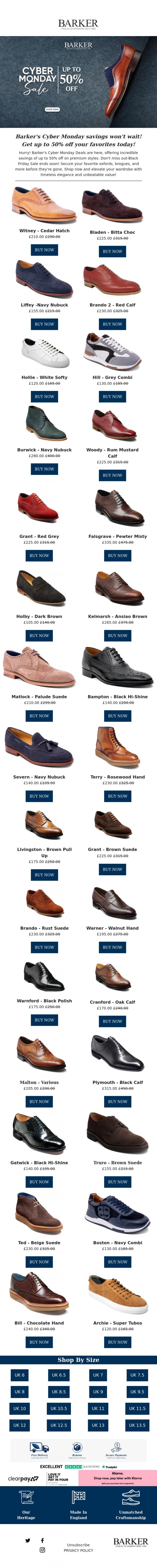 Email Design Inspiration from Barker shoes, Hurry! Barker's Cyber Monday Deals with Up to 50% Off - Black Friday Sale ends soon, Shop Now!