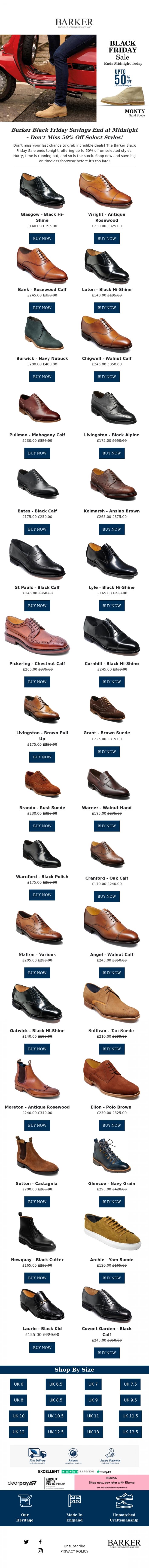 Email Design Inspiration from Barker shoes, Last Chance! Barker Black Friday Sale Ends Tonight - Save Up to 50%, Don't Miss Out!