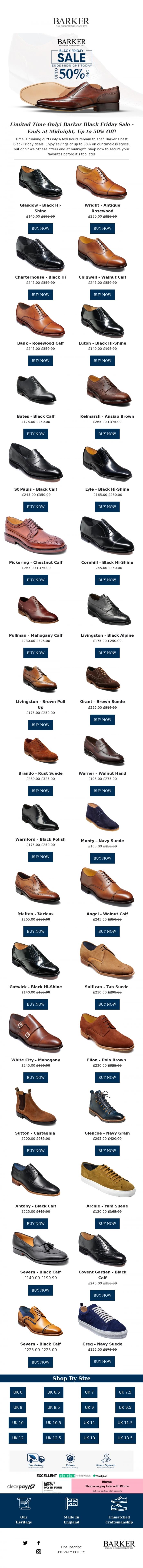 Email Design Inspiration from Barker shoes, Clock is Ticking, Few Hours Left! Barker's Black Friday Deals Up to 50% - Ending at Midnight, Shop Now!
