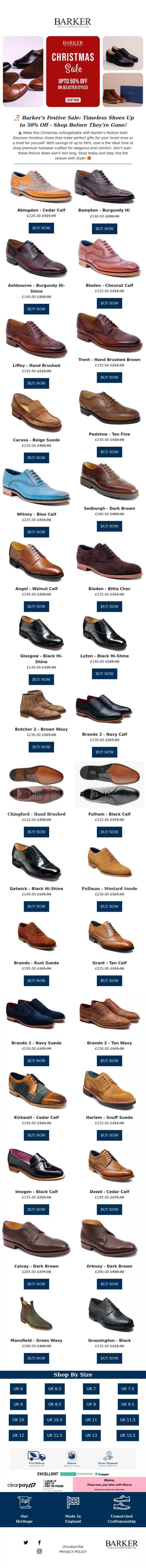 Email Design Inspiration from Barker shoes, 🎄 Barker's Festive Sale: Timeless Shoes for Christmas Gifts - Shop Now & Save Up to 50%!