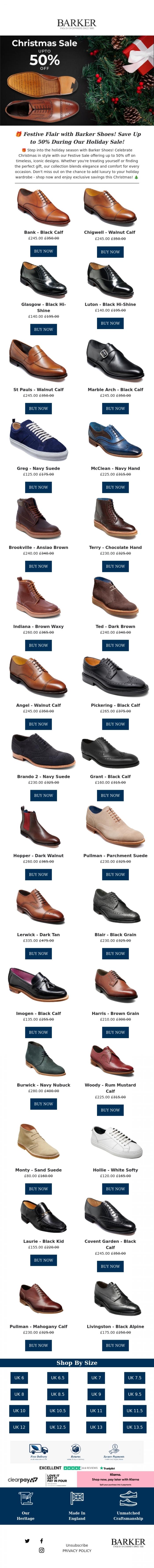 Email Design Inspiration from Barker shoes, 🎁 Celebrate the Holidays with Barker Shoes! Festive Sale - Up to 50% Off Iconic Styles This Christmas!