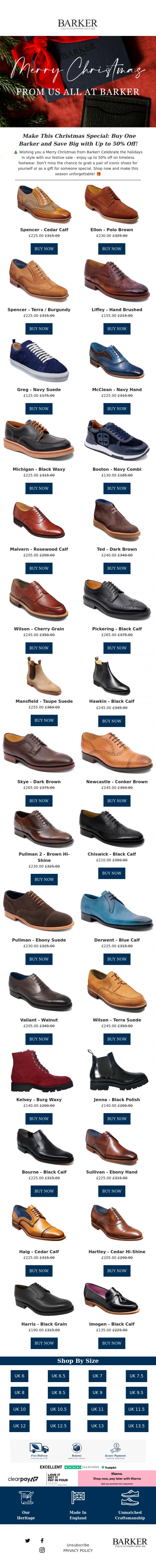Email Design Inspiration from Barker shoes, 🎄Merry Christmas from Barker! Enjoy Up to 50% Off and Grab a Pair for the Holidays!🎁