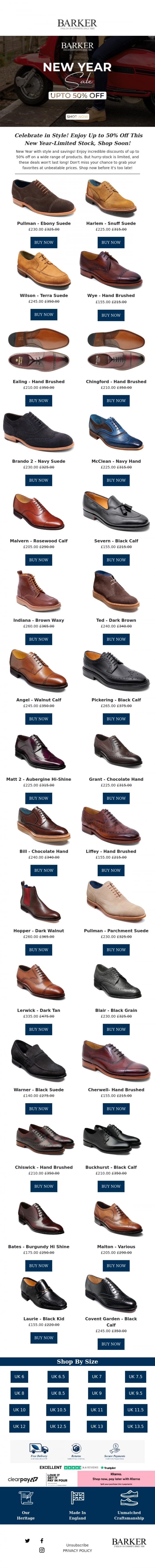 Email Design Inspiration from Barker shoes, Don't Miss Out! Celebrate the New Year with Up to 50% Off-Limited Stock Only!