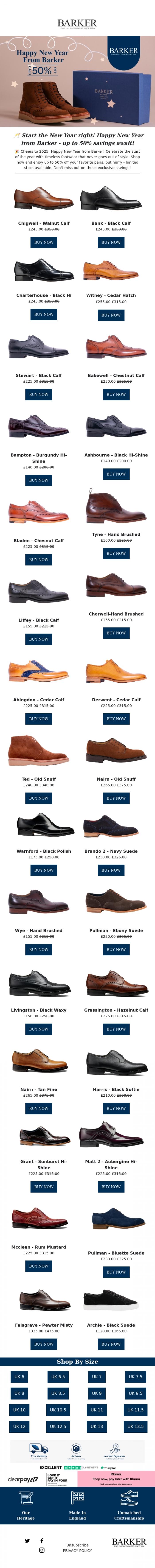 Email Design Inspiration from Barker shoes, 🎉 Cheers to 2025! Happy New Year from Barker - Timeless footwear, limited stock, and up to 50% off!