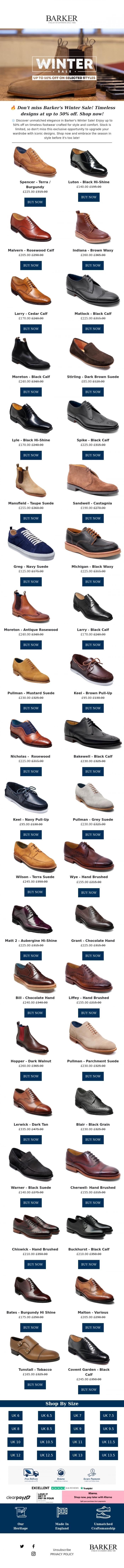 Email Design Inspiration from Barker shoes, ❄️ Barker's Winter Sale: Save up to 50% on timeless footwear - Shop before it's gone - limited stock available!