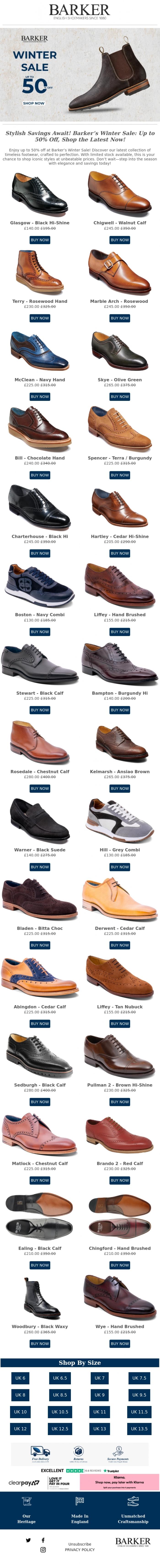 Email Design Inspiration from Barker shoes, Enjoy up to 50% off at Barker's Winter Sale! Check out our newest selections - Limited stock, shop now!