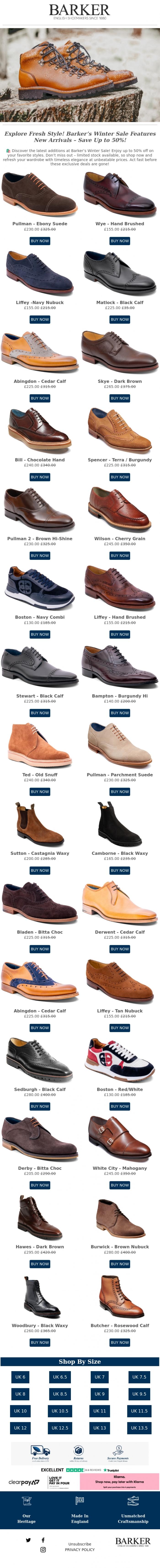Email Design Inspiration from Barker shoes, 🛍️ Hot New Additions! Barker's Winter Sale Brings Up to 50% Off Your Favorites - Limited stock, shop now!