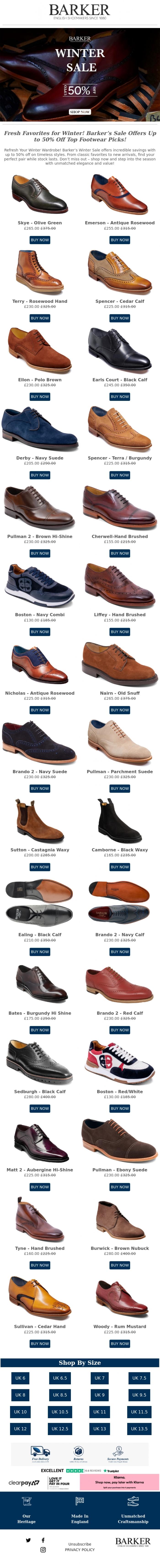 Email Design Inspiration from Barker shoes, ❄️ Fresh Looks for Winter! Barker's Winter Sale Brings Up to 50% Off - Limited Stock, Shop Now!