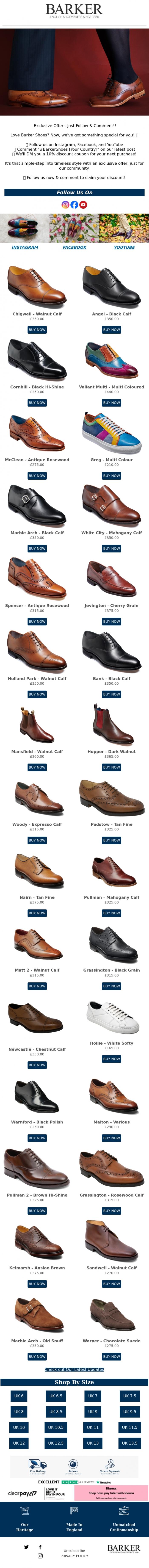 Email Design Inspiration from Barker shoes, Valentine's Special: Follow, Comment & Get 10% Off + Free Socks! ❤️ 👞