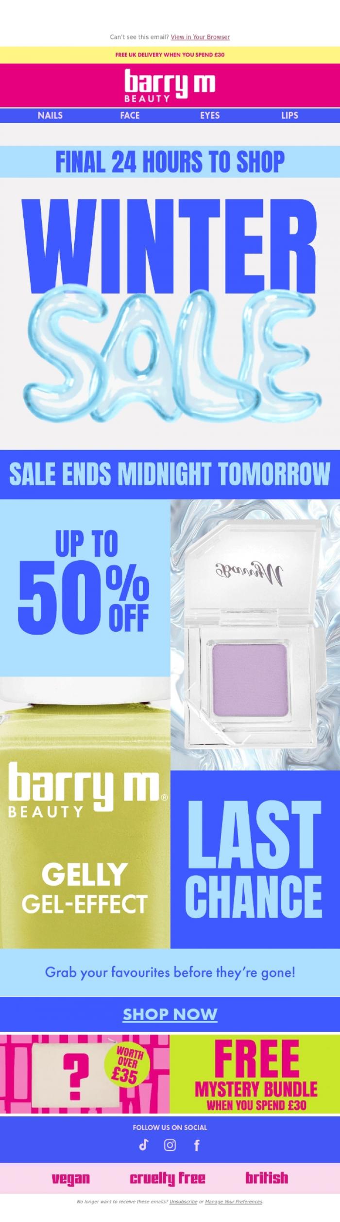 Email Design Inspiration from Barry M, Final Hours! Winter Sale Ends Tomorrow ⏰