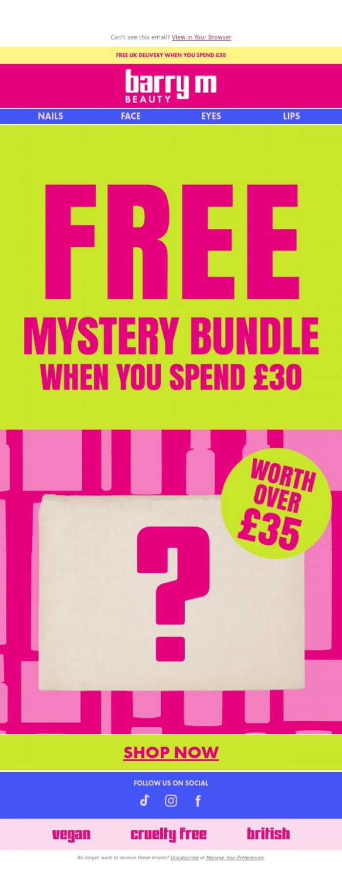 Email Design Inspiration from Barry M, Your FREE Mystery Bundle awaits - just spend &pound;30 🩷