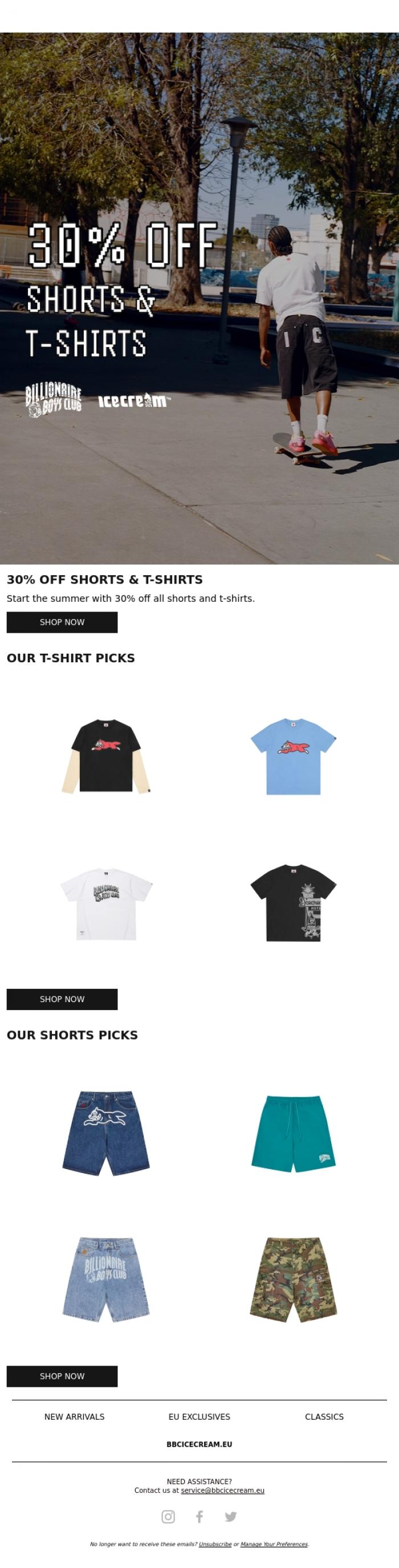 Email Design Inspiration from BBC ICECREAM EU, Save on Shorts & T-Shirts