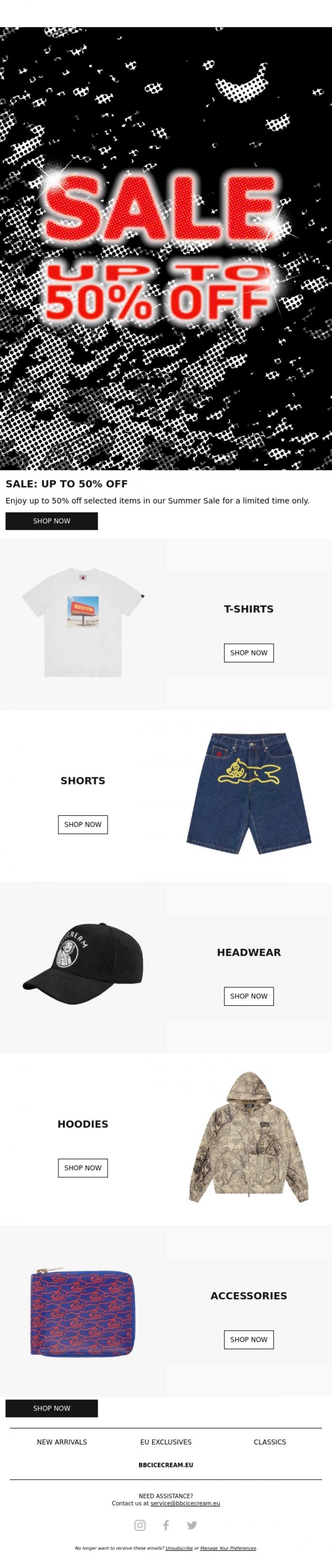 Email Design Inspiration from BBC ICECREAM EU, Summer Sale: Up to 50% off