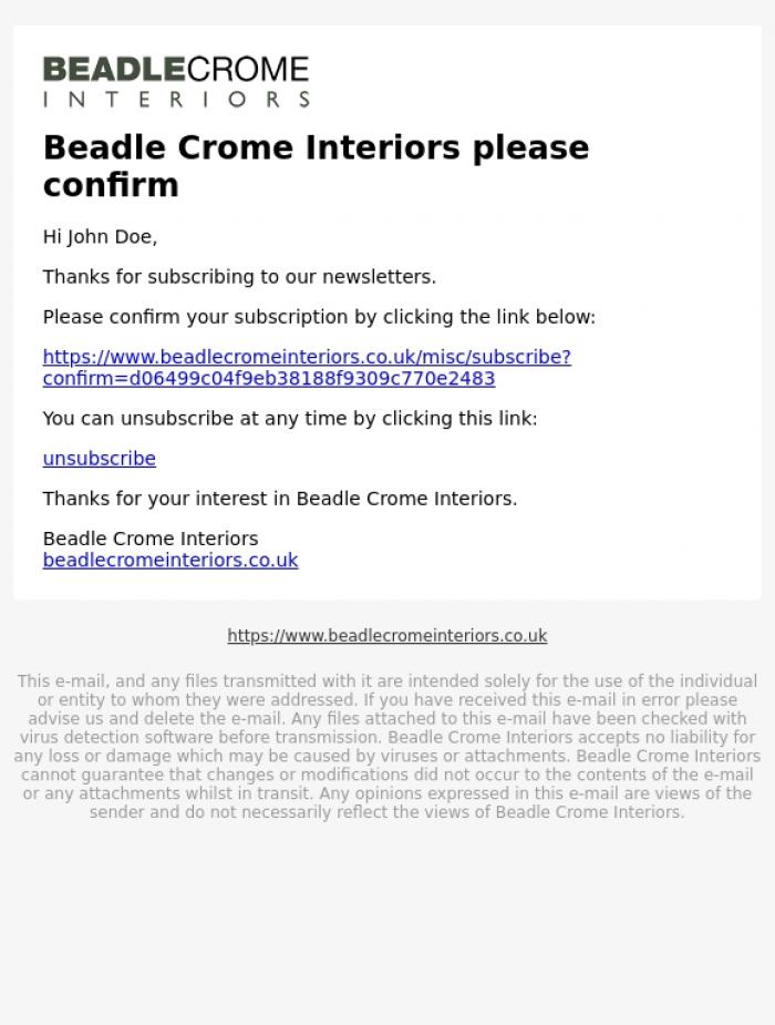 Email Design Inspiration from Beadle Crome Interiors, Beadle Crome Interiors please confirm