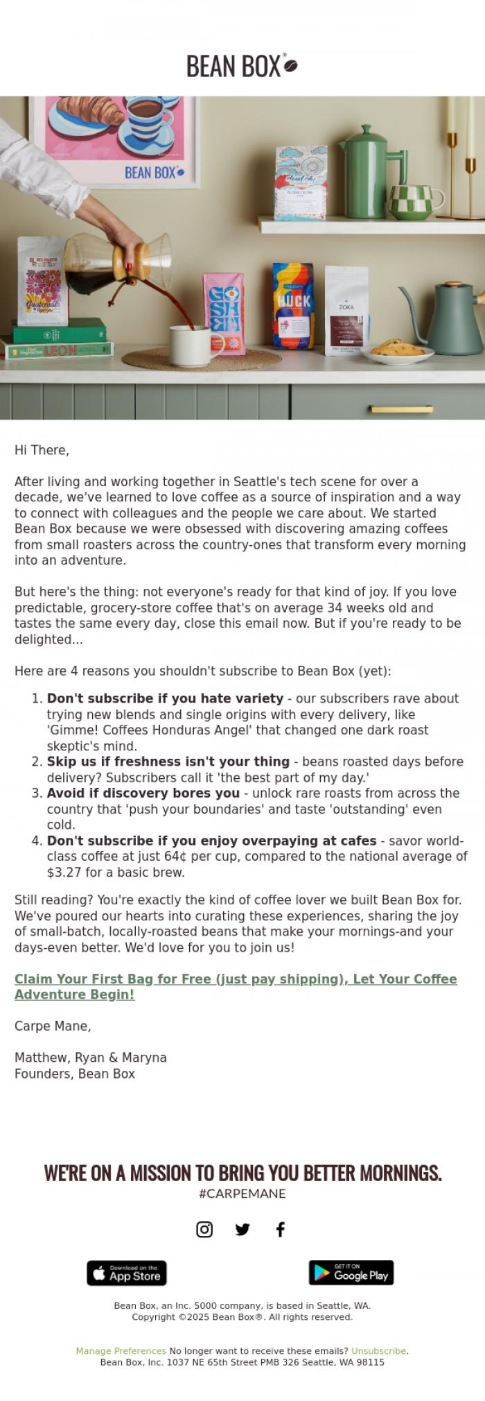 Email Design Inspiration from Bean Box, Don't Subscribe to Bean Box... Unless Your Ready for Better Mornings ☕☀️