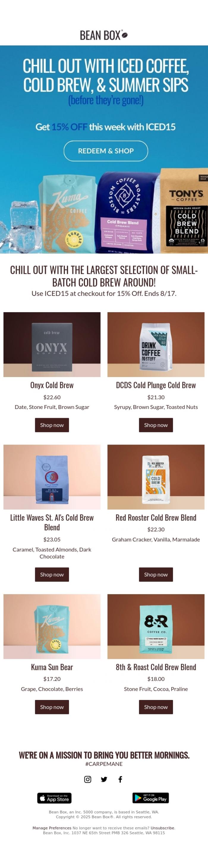 Email Design Inspiration from Bean Box, Don't stress ☕🧊 Chill with 15% OFF new cold brew!