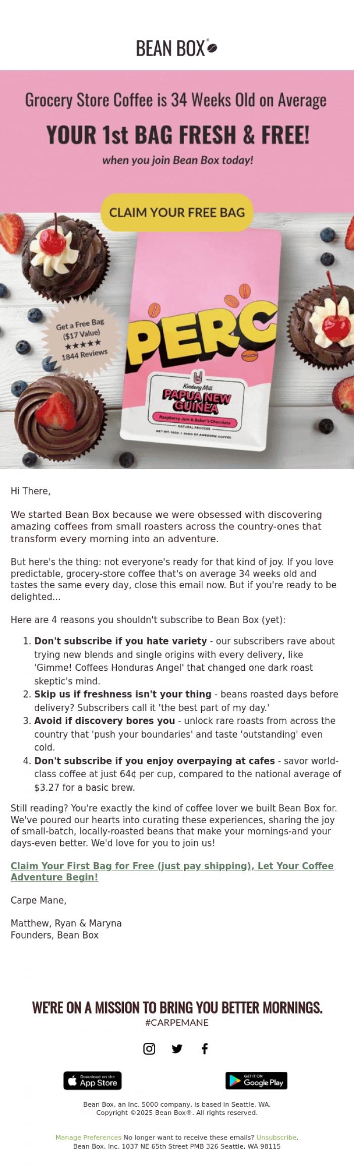 Email Design Inspiration from Bean Box, Have you ever tasted coffee this fresh? ☕👇