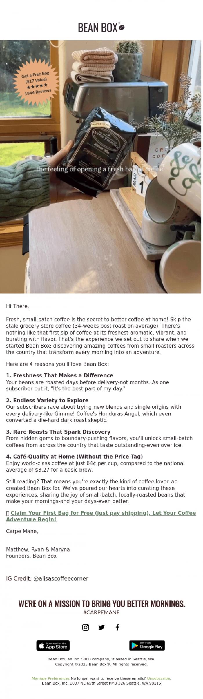 Email Design Inspiration from Bean Box, Upgrade Your Coffee Setup (instantly!) ☕👇