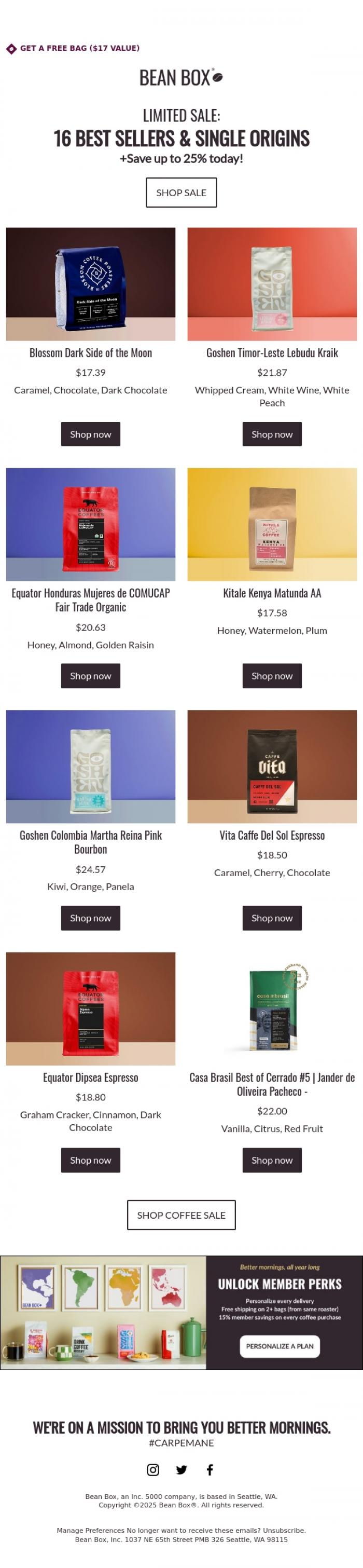 Email Design Inspiration from Bean Box, Hot Coffee Sale: Up to 25% off Best Sellers 🔥☕